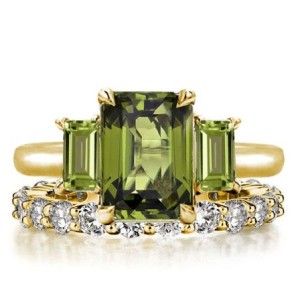 Italo Golden Peridot Emerald Cut Three Stone Engagement Ring Sets