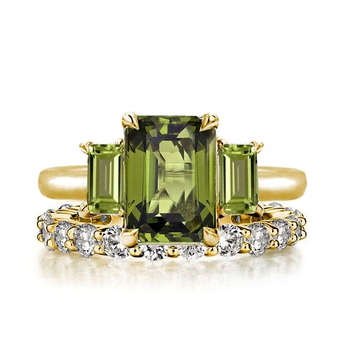 Italo Golden Peridot Emerald Cut Three Stone Engagement Ring Sets