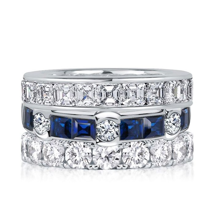Italo Channel Round & Asscher Cut White & Blue Sapphire Stackable Band Set