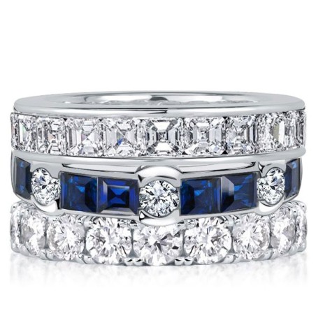 Italo Channel Round & Asscher Cut White & Blue Sapphire Stackable Band Set