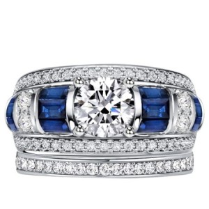 Italo Baguette & Round Blue & White Sapphire Bridal Set Wedding Band Ring