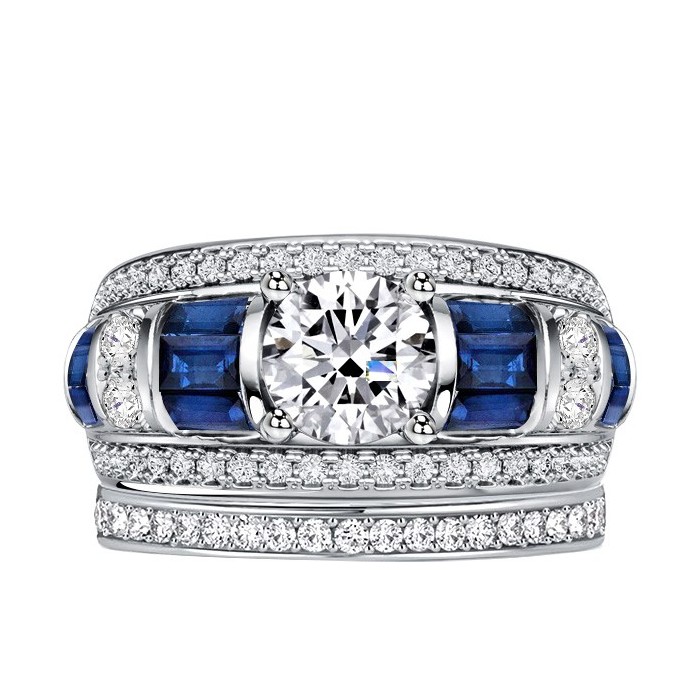 Italo Baguette & Round Blue & White Sapphire Bridal Set Wedding Band Ring