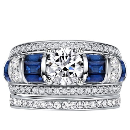 Italo Baguette & Round Blue & White Sapphire Bridal Set Wedding Band Ring