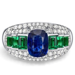 Italo Emerald Green Cushion Cut Blue Sapphire Unique Engagement Rings