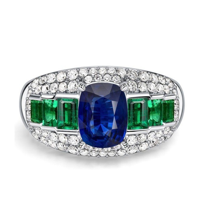 Italo Emerald Green Cushion Cut Blue Sapphire Unique Engagement Rings