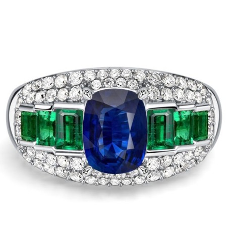 Italo Emerald Green Cushion Cut Blue Sapphire Unique Engagement Rings