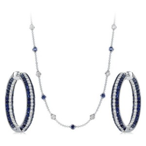 Italo Secure Round Cut White & Blue Sapphire Hoop Earrings & Necklace Jewelry Set