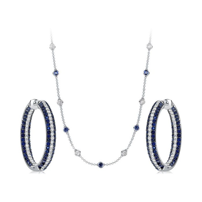 Italo Secure Round Cut White & Blue Sapphire Hoop Earrings & Necklace Jewelry Set