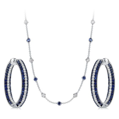 Italo Secure Round Cut White & Blue Sapphire Hoop Earrings & Necklace Jewelry Set