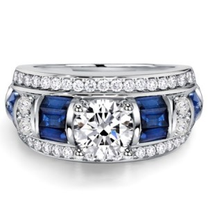 Italo Baguette & Round Blue & White Sapphire Engagement Ring For Women
