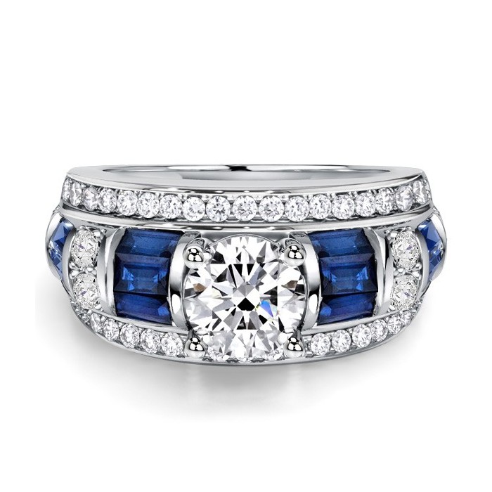 Italo Baguette & Round Blue & White Sapphire Engagement Ring For Women