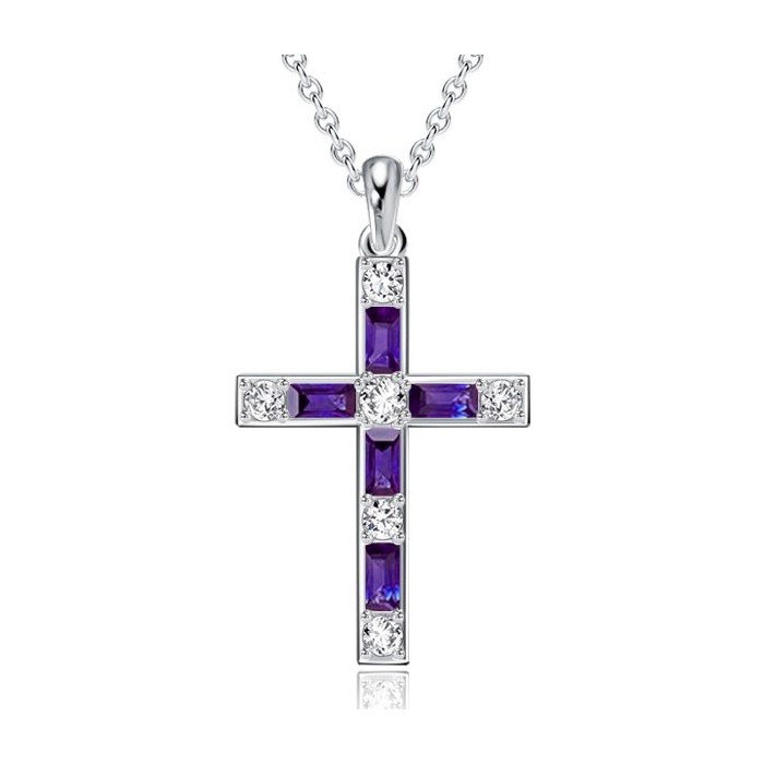 Italo Baguette Cut Amethyst Silver Cross Necklace For Women