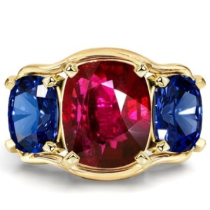 Italo Split Shank Cushion Cut Three Stone Ruby Ring 5.5 Carat Ring