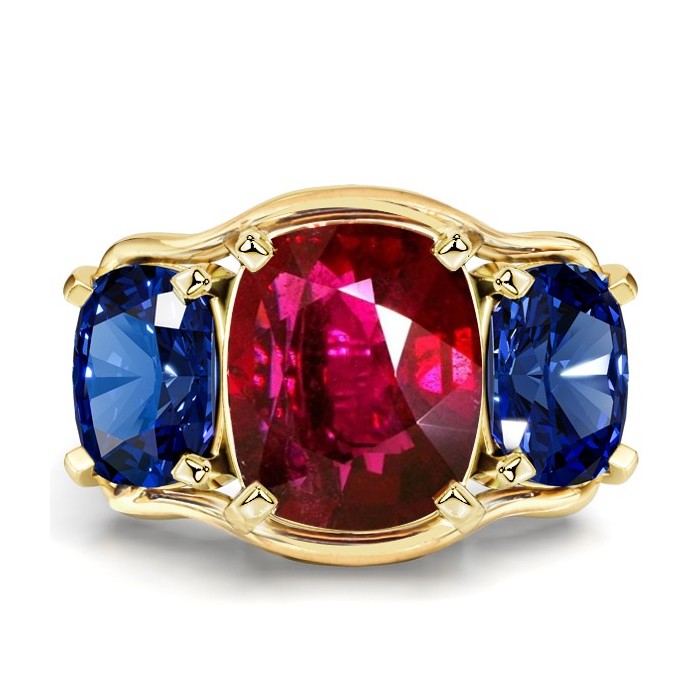 Italo Split Shank Cushion Cut Three Stone Ruby Ring 5.5 Carat Ring