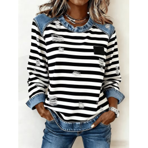 Women Striped Crew Neck Printing Vintage Spring/Fall Long Sleeve Sweatshirt