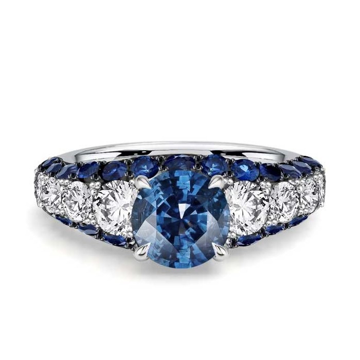 Italo Micro Pave Triple Row Side Stone Blue Topaz Unique Engagement Rings