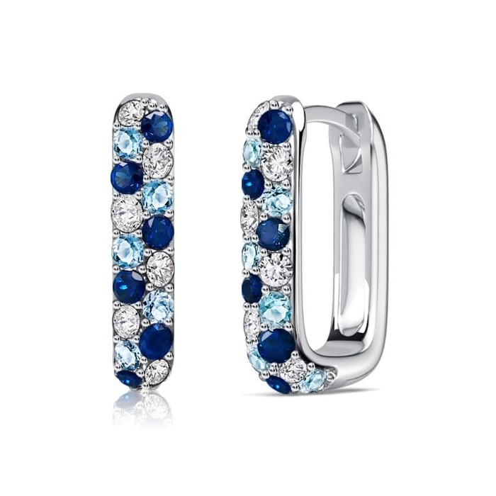Italo Rectangle Micro Pave Blue Sapphire Aquamarine Hoop Earrings For Women