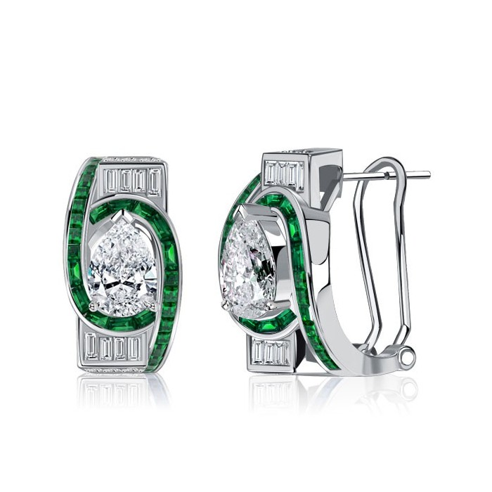 Italo Art Deco Pear Cut Emerald Sapphire Sterling Silver Hoop Earrings