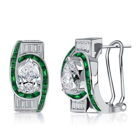 Italo Art Deco Pear Cut Emerald Sapphire Sterling Silver Hoop Earrings