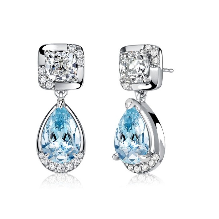 Italo Waterfall Cushion & Pear Cut Aquamarine Drop Earrings For Women
