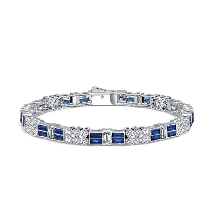 Italo Milgrain Bezel Round & Baguette Cut Blue Sapphire Tennis Bracelet For Women