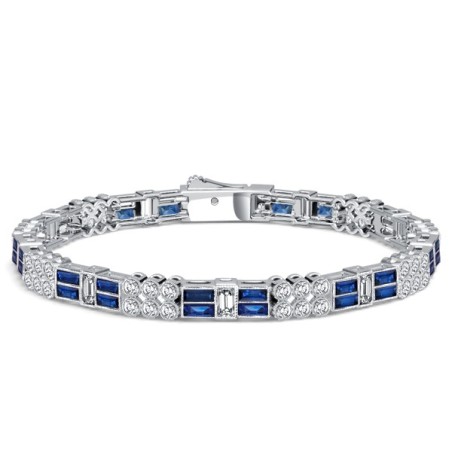 Italo Milgrain Bezel Round & Baguette Cut Blue Sapphire Tennis Bracelet For Women