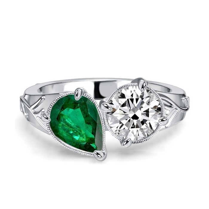 Italo Toi Et Moi Filigree Pear Cut White & Emerald Sapphire Engagement Ring