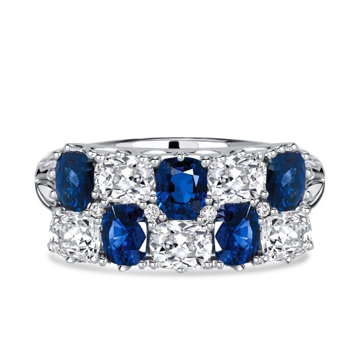 Italo Filigree Cushion White & Blue Sapphire Half Eternity Wedding Band For Women