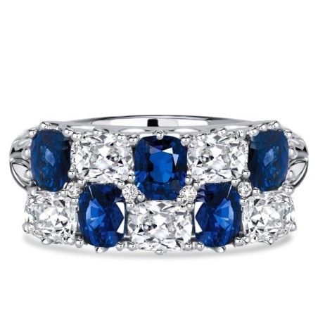 Italo Filigree Cushion White & Blue Sapphire Half Eternity Wedding Band For Women