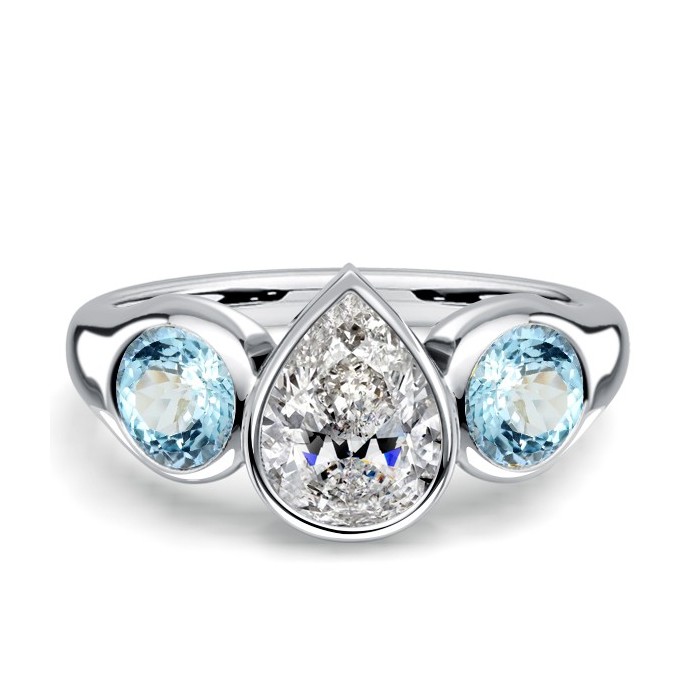 Italo Bezel Setting Pear Cut Aquamarine Three Stone Engagement Rings