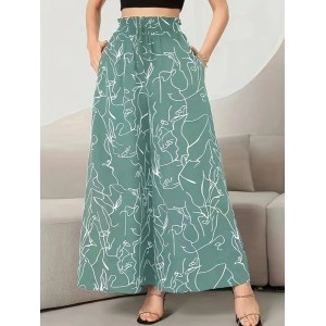 Women Geometric Long Elastic Waist Pants Casual Spring/Fall Trousers