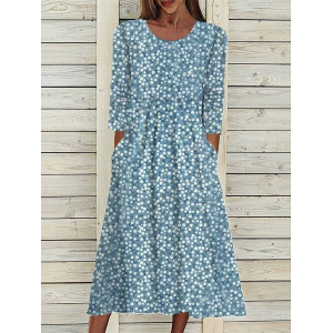 Women Floral Half Sleeve Summer Printing Dress Crew Neck Daily Casual Maxi A-Line Dress