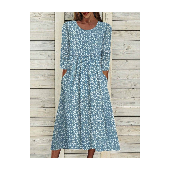 Women Floral Half Sleeve Summer Printing Dress Crew Neck Daily Casual Maxi A-Line Dress