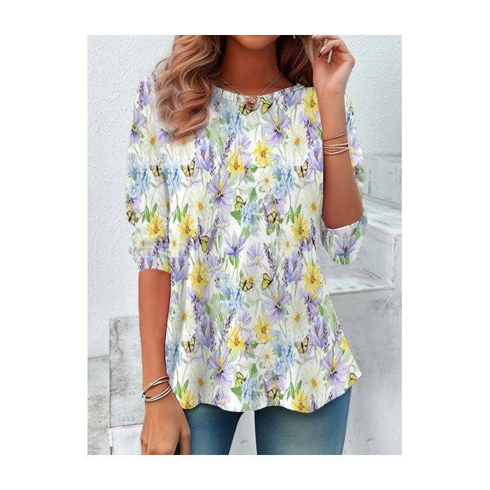 Women's Long Sleeve Tee T-shirt Spring/Fall Floral Jersey Crew Neck Daily Going Out Casual Top
