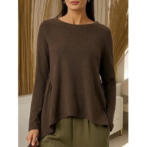 Women Plain Long Sleeve Tee T-shirt Crew Neck Split Joint Casual Spring/Fall Top