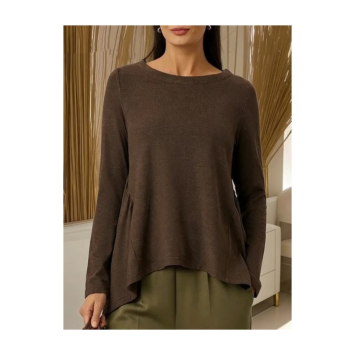 Women Plain Long Sleeve Tee T-shirt Crew Neck Split Joint Casual Spring/Fall Top