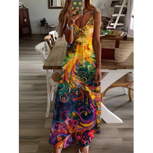 Women Abstract Sleeveless V Neck Printing Dress Daily Casual Maxi Slip Dress X-Line Summer Dress