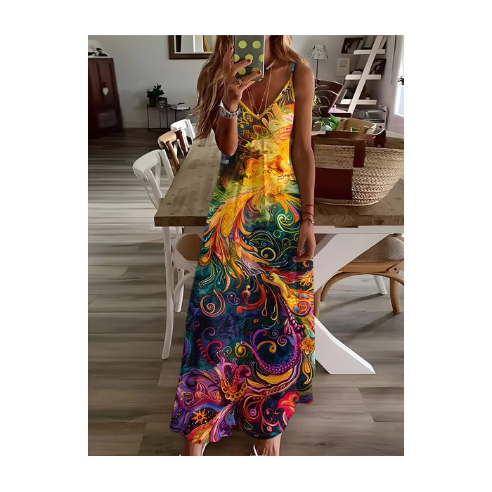 Women Abstract Sleeveless V Neck Printing Dress Daily Casual Maxi Slip Dress X-Line Summer Dress