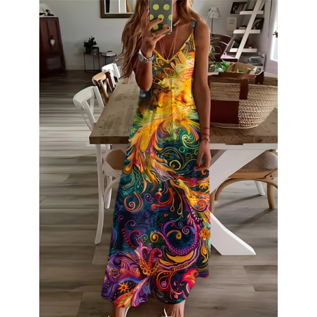 Women Abstract Sleeveless V Neck Printing Dress Daily Casual Maxi Slip Dress X-Line Summer Dress