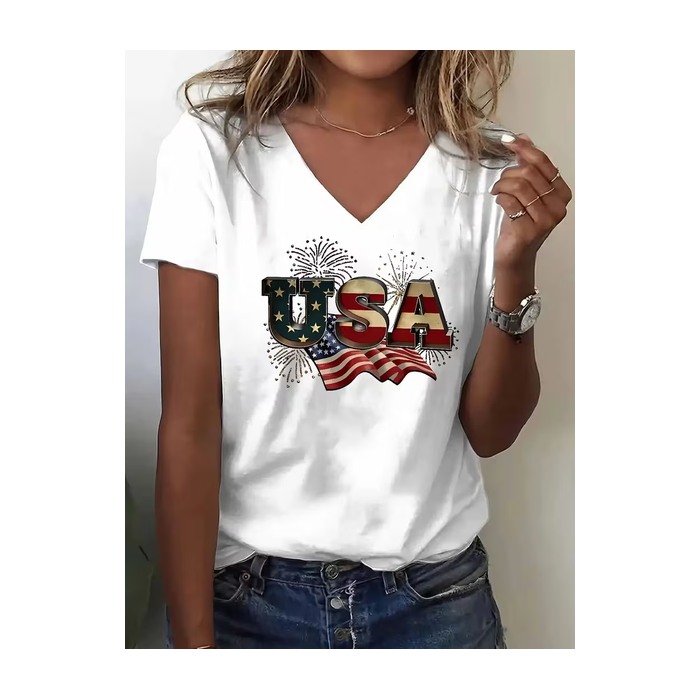 Women Text Letters Short Sleeve Tee T-shirt V Neck Casual Summer Top