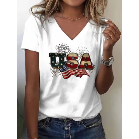 Women Text Letters Short Sleeve Tee T-shirt V Neck Casual Summer Top