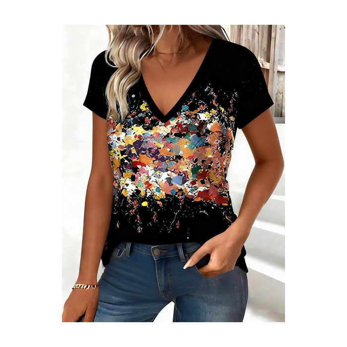 Women Gradient Pattern Short Sleeve Tee T-shirt V Neck Casual Summer Top