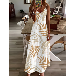 Women Leaf Sleeveless V Neck Printing Dress Daily Casual Maxi Slip Dress X-Line Summer Dress