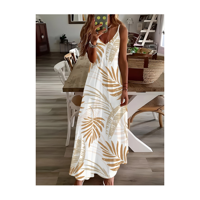 Women Leaf Sleeveless V Neck Printing Dress Daily Casual Maxi Slip Dress X-Line Summer Dress