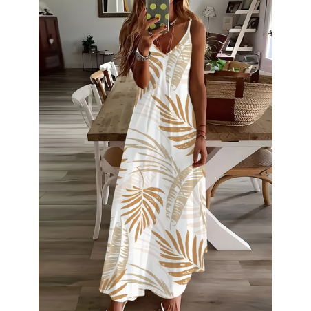 Women Leaf Sleeveless V Neck Printing Dress Daily Casual Maxi Slip Dress X-Line Summer Dress