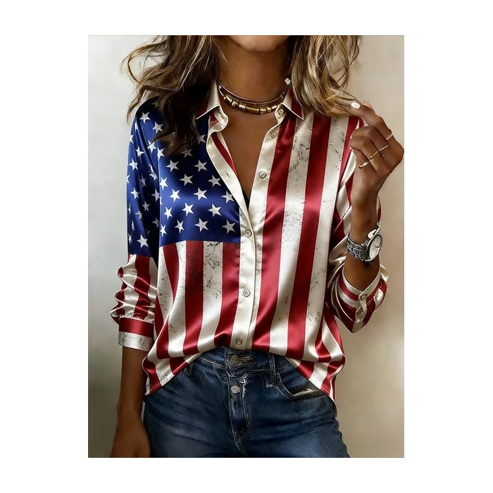 Women America Flag Shawl Collar Long Sleeve Shirt Casual Daily Spring/Fall Top