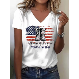 Women Text Letters Short Sleeve Tee T-shirt V Neck Casual Summer Top