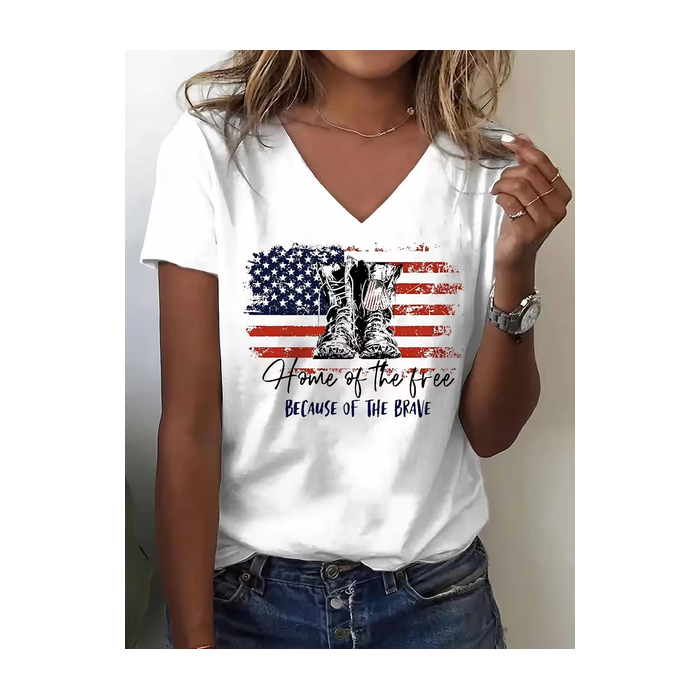 Women Text Letters Short Sleeve Tee T-shirt V Neck Casual Summer Top