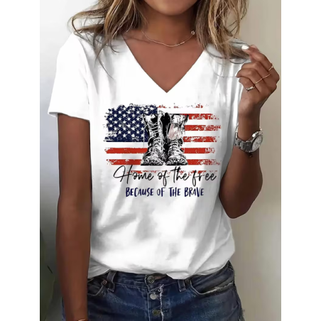 Women Text Letters Short Sleeve Tee T-shirt V Neck Casual Summer Top