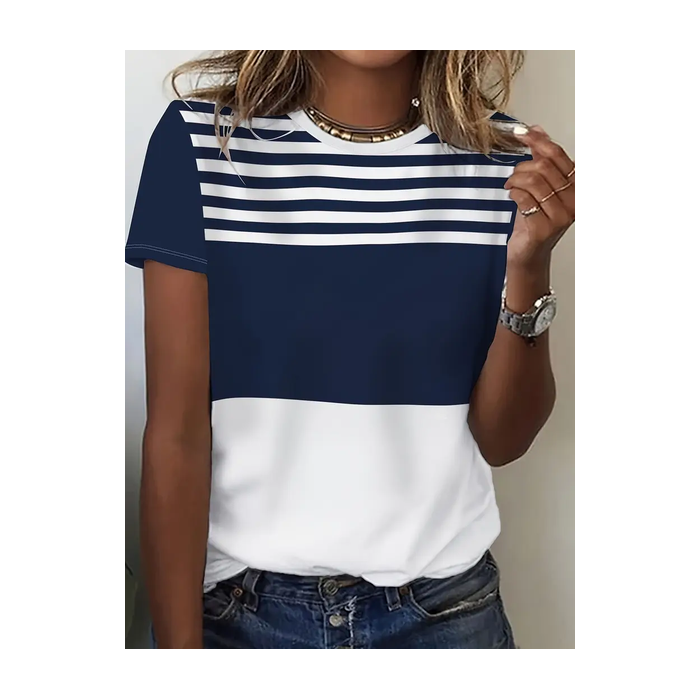 Women's Striped Short Sleeve Tee T-shirt Crew Neck Printing Casual Summer Graphic Tee Top